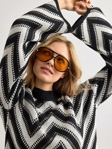 SHEIN Black Beige Pattern Knit Sweater And Wide Leg Pants Co-Ords Set –Oversized Geometric Jacquard - Black and White - View 9