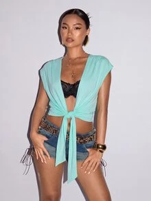 SHEIN ICON 女款深V領打結女神風白色襯衫，夏季上衣，適合夜店、度假、性感穿搭 - 薄荷綠 - 查看 5