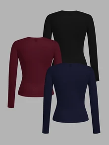 SHEIN EZwear 3件組女款大尺碼黑色圓領長袖休閒T恤 正式度假秋季商務辦公穿搭 - 彩色 - 查看 2