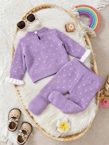 SHEIN Fashionable And Cute Baby Knit Set, Includes Round Neck Back Button Long Sleeve 3D Bow Knit Top And Knit Pants. Soft And Comfortable Material, Suitable For Spring, Autumn And Winter Wear - Mauve Purple - View 2