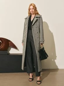 MOTF PREMIUM WOMEN'S AUTUMN/WINTER WOOL HOUNDSTOOTH TRENCH COAT WOOL OVERCOAT JACKET - Black and White - View 9