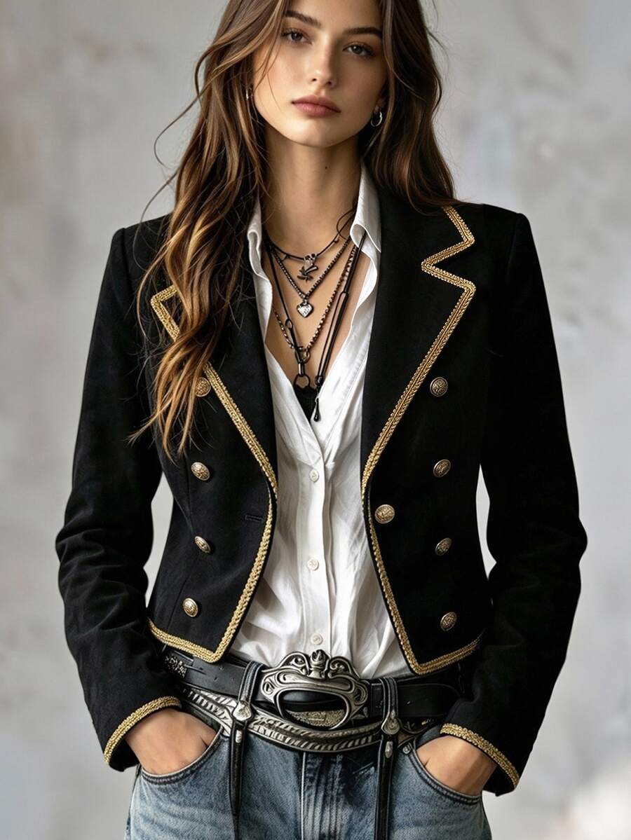 SHEIN European And American Casual Jacket With Gold Lace Patchwork, Button Decoration, Long Sleeve - Black - View 1