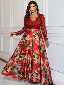 Reflora 大尺碼女款對比蕾絲V領長袖優雅休閒禮服 秋季婚禮賓客正式早午餐深綠色 - 彩色 - 查看 1