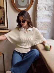 Muvela Women's Cream Ribbed Knit Polo Sweater – Elegant Collared Long Sleeve Pullover Top Chic Basic Christmas Back To School Festival New Year Party - Apricot - View 4