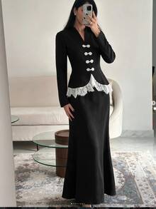 Modelyn Elegant Lace Patchwork New Chinese Style Handmade Frog Button Design Long Sleeve Top And Mermaid Skirt Set, Black Evening Gown, Spring/Autumn New Arrival - Black - View 5