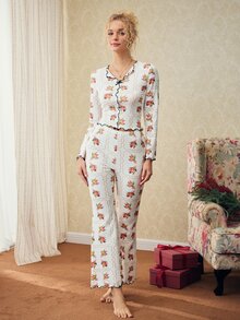 Elorette 2pcs Beige Full Body Floral & Polka Dot Print Frill Trim Romantic Sweet Women's Pajama Set - Beige - View 3