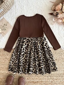 Young Girl Young Girl Knitted Solid Color Round Neck Patchwork Woven Leopard Print Hem Casual Dress - Red - View 4