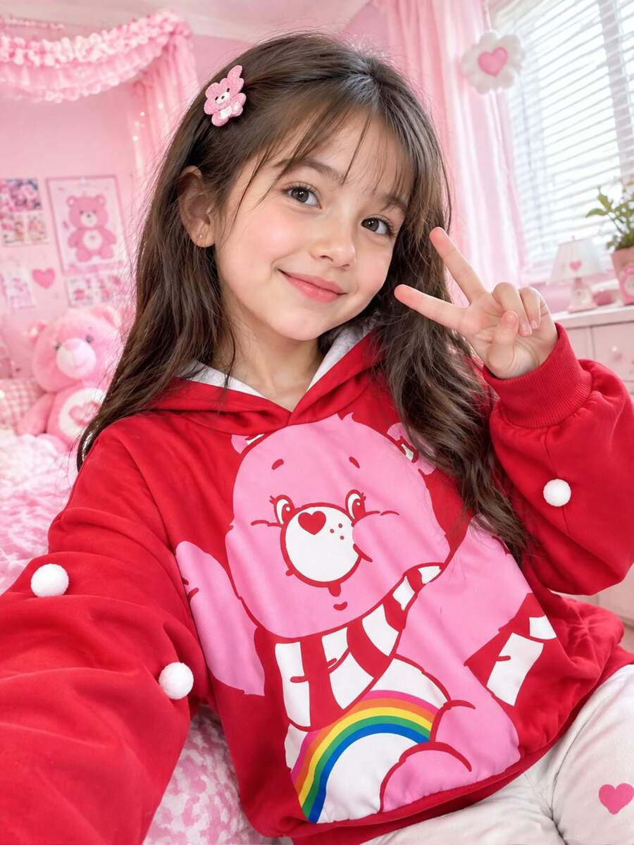 SHEIN X Care Bears 1件少女休閒百搭紅色卡通熊圖案連帽寬鬆長袖衛衣,適合日常穿著、室內、運動、拍照、假期、生日、聖誕節,秋冬適用 - 紅色 - 查看 1