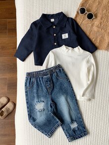SHEIN 3 قطع/مجموعة ملابس كاجوال للأطفال الذكور في فصل الخريف/الشتاء تشمل تي شيرت داخلي، - متعدد الألوان - مشاهدة 5