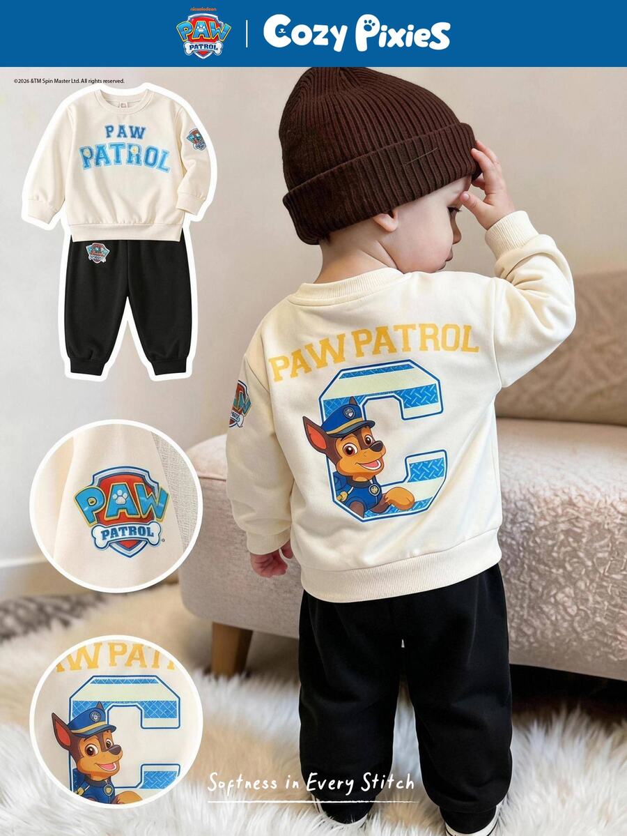 Cozy Pixies | PAW Patrol 小男孩 Paw Patrol 秋/冬款可愛動物圖案印花卡通連帽衫與運動衫套裝 長袖運動衫與運動長褲 杏色/黑色 舒適 - 彩色 - 查看 1