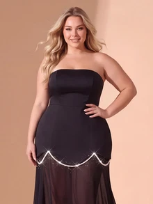 Cravure Plus Size Elegant Faux Pearl Decor Strapless Dress - Black - View 7