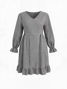 Shapeblank Women's Plus-Size Spring/Autumn Fashionable, Casual, Loose, And Comfortable Everyday Black-And-White Plaid V-Neck Long-Sleeve Ruffled-Hem Dress - Black and White - View 1