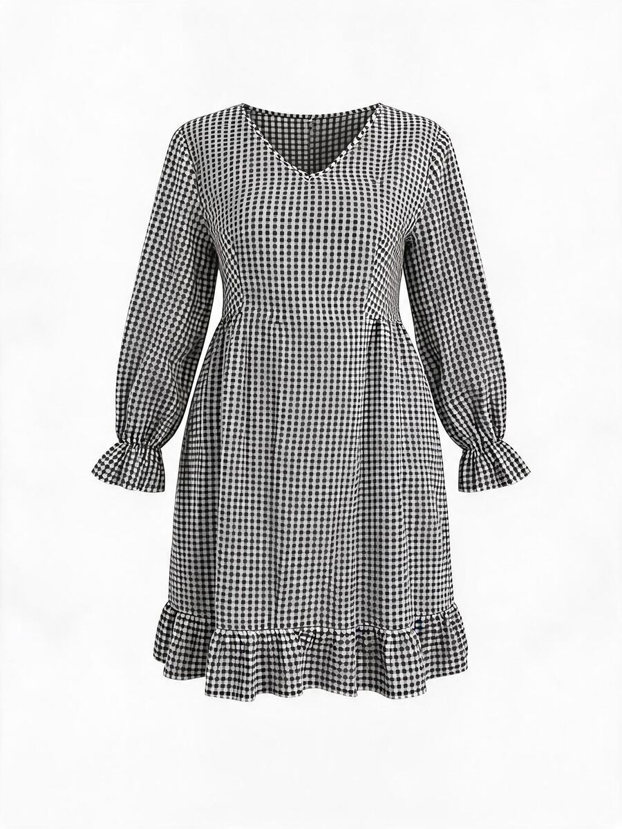Shapeblank Women's Plus-Size Spring/Autumn Fashionable, Casual, Loose, And Comfortable Everyday Black-And-White Plaid V-Neck Long-Sleeve Ruffled-Hem Dress - Black and White - View 1