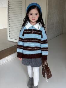Dazy Kids Young Girl Striped Polo Collar Dropped Shoulder Long Sleeve Casual Sweater - Brown - View 5