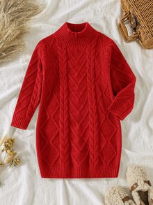 SHEIN 女童純色針織立領休閒毛衣連身裙，秋季款 - 紅色 - 查看 5