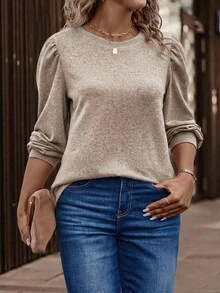 NostaNoir Plus Size Casual Basic Puff Sleeve Crew Neck T-Shirt, Burgundy Fall - Apricot - View 3