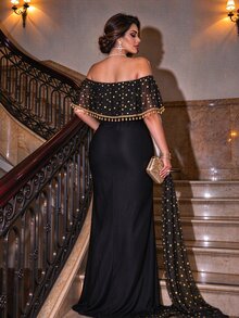 Velvienne Plus Size Off-Shoulder Gold Foil Bodycon Slimming Party Dress - Black - View 2