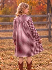 Girls Gingham Ruffle Collar Dress With Big Bow Long Sleeve Stand Neck Autumn Winter Plaid A-Line Preppy Sweet Style Dresses - Burgundy - View 2