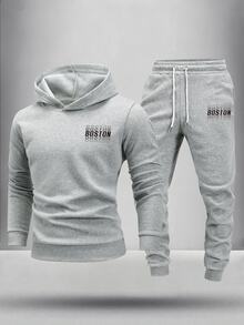 Manfinity Homme 男士麻灰色波士頓字母印花連帽衫與慢跑褲2件套，休閒街頭風復古運動裝，適合度假、假期、外出、聚會、演唱會 - 灰色 - 查看 1