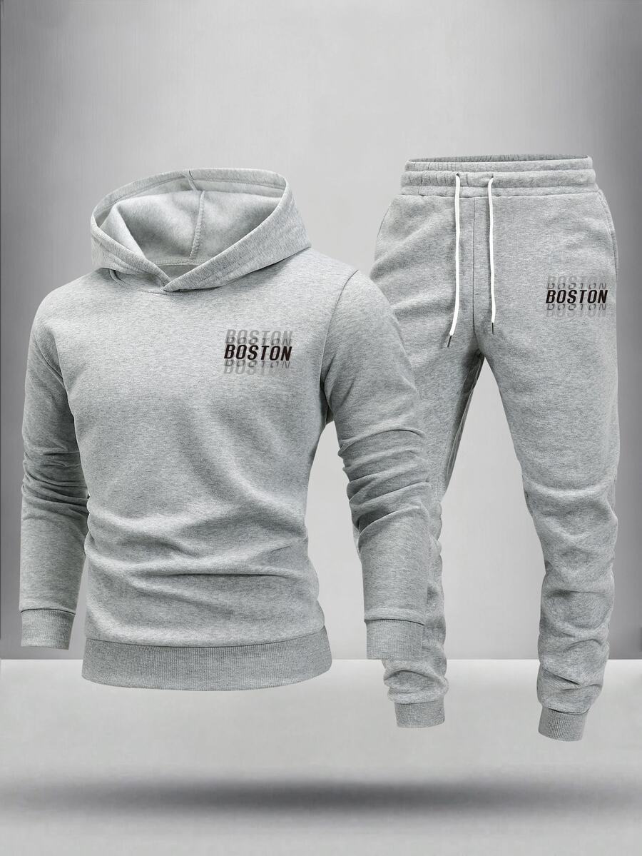 Manfinity Homme 男士麻灰色波士頓字母印花連帽衫與慢跑褲2件套,休閒街頭風復古運動裝,適合度假、假期、外出、聚會、演唱會 - 灰色 - 查看 1