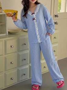 Dazy Kids Tween Girl V-Neck Plaid Long Sleeve Colorblock Casual Loungewear + Straight Leg Pants 2 Pieces Set - Baby Blue - View 6
