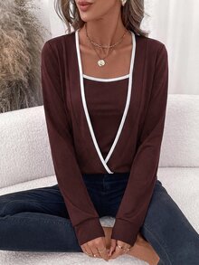 SHEIN Clasi 女款休閒黑白對比色極簡重疊設計長袖運動衫，適合度假、通勤、教師、開學季、秋季 - 酒紅色 - 查看 5