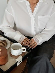 Dazy Plus Fun & Chic Commuter Office Wear Lace Patchwork Loose Long Sleeve Urban Casual White Shirt - White - View 3