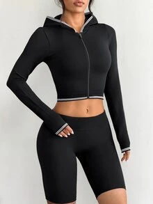 SHEIN Dewbera 1pc Black Contrast Piping Hooded Knit Top, Full Zip Long Sleeve Cropped Cardigan, Slim Fit, Suitable For Daily, Autumn - Black - View 4