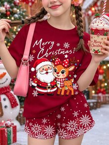 青少年女孩休閒極簡可愛趣味卡通聖誕老人馴鹿雪人圖案，漸層波點雪花，聖誕紅，圓領短袖T恤，適合聖誕可愛風、圖案上衣、可愛上衣、聖誕上衣 - 彩色 - 查看 1