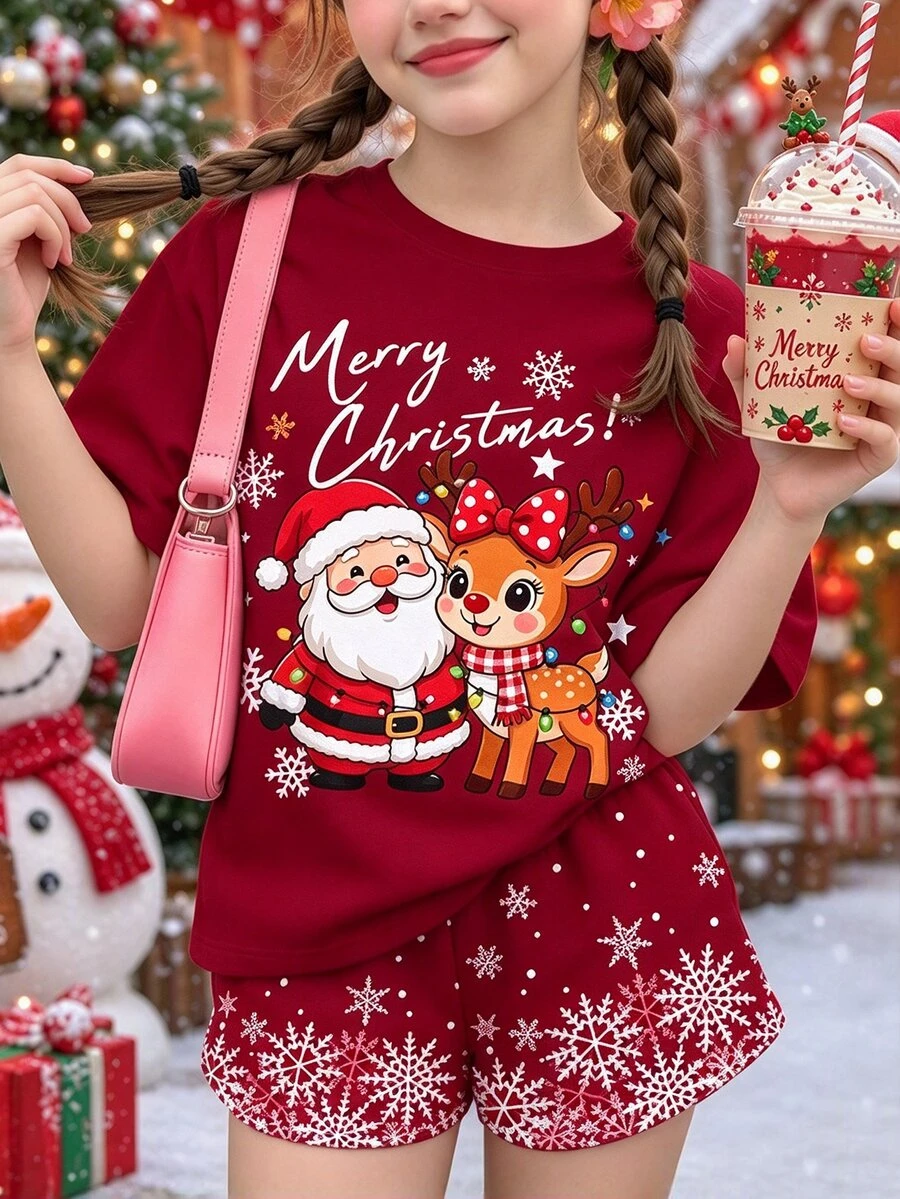 青少年女孩休閒極簡可愛趣味卡通聖誕老人馴鹿雪人圖案,漸層波點雪花,聖誕紅,圓領短袖T恤,適合聖誕可愛風、圖案上衣、可愛上衣、聖誕上衣 - 彩色 - 查看 1
