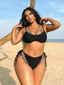 Swim SXY Women's Spring/Summer Leopard Print Random Pattern Solid Color Spaghetti Strap Halter Tie Bikini Set - Multicolor - View 7