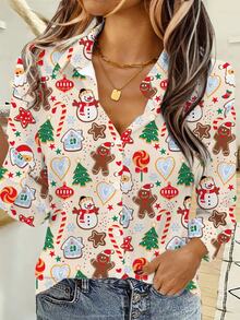 EMERY ROSE Cute 2026 Christmas Outfit Santa Claus Gingerbread Man Christmas Tree Print Long Sleeve Women's Blouse Top Autumn/Winter - Multicolor - View 6