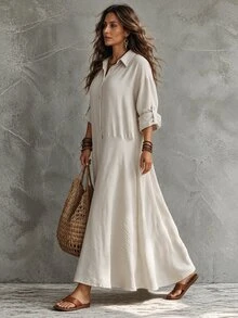 Linhara CURVE Autumn Plus Size Women Long Sleeve Shirt Casual Dress, Suitable For Daily Commute And Vacation - Apricot - View 4