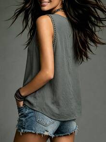 LanaWest Petite Women's Solid Color V-Neck Pleated Casual Daily Wear Top - Grey - View 2