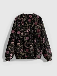 ROMWE Goth Snake Mori Style Morning Glory Ditsy Floral Cute Round Neck Autumn Winter Spring Long Sleeve Women's Sweatshirt - Black - View 2