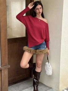 MainGRL Red Knitted Ribbed Casual Versatile Sweet And Spicy Off-Shoulder Women's Long-Sleeved T-Shirt - Red - View 4