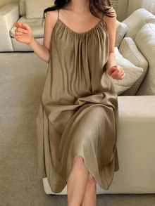 DAZY 女款休閒百褶細肩帶中長洋裝，夏季居家休閒睡裙 - 卡其色 - 查看 4
