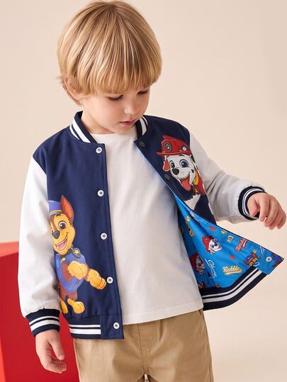 SHEIN | PAW Patrol 1 buah Jaket Anak Laki-laki Elegan Kasual Akademik Nyaman Serbaguna Motif Anak Anjing Lucu Warna Biru Tua & Putih Blok Warna Kerah Baseball Tenun Lengan Panjang, Dapat Dibalik, Cocok Untuk Kembali ke Sekolah, Jalan-jalan, Aktivitas Kasual, Pesta, Musim Gugur dan Musim Dingin