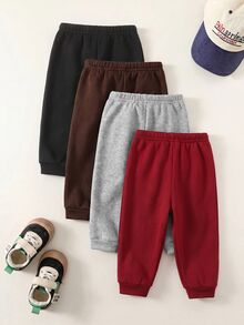 SHEIN 4件組嬰兒男孩女孩可愛秋冬休閒百搭純色鬆緊腰長褲，百搭慢跑褲多件組 - 彩色 - 查看 6