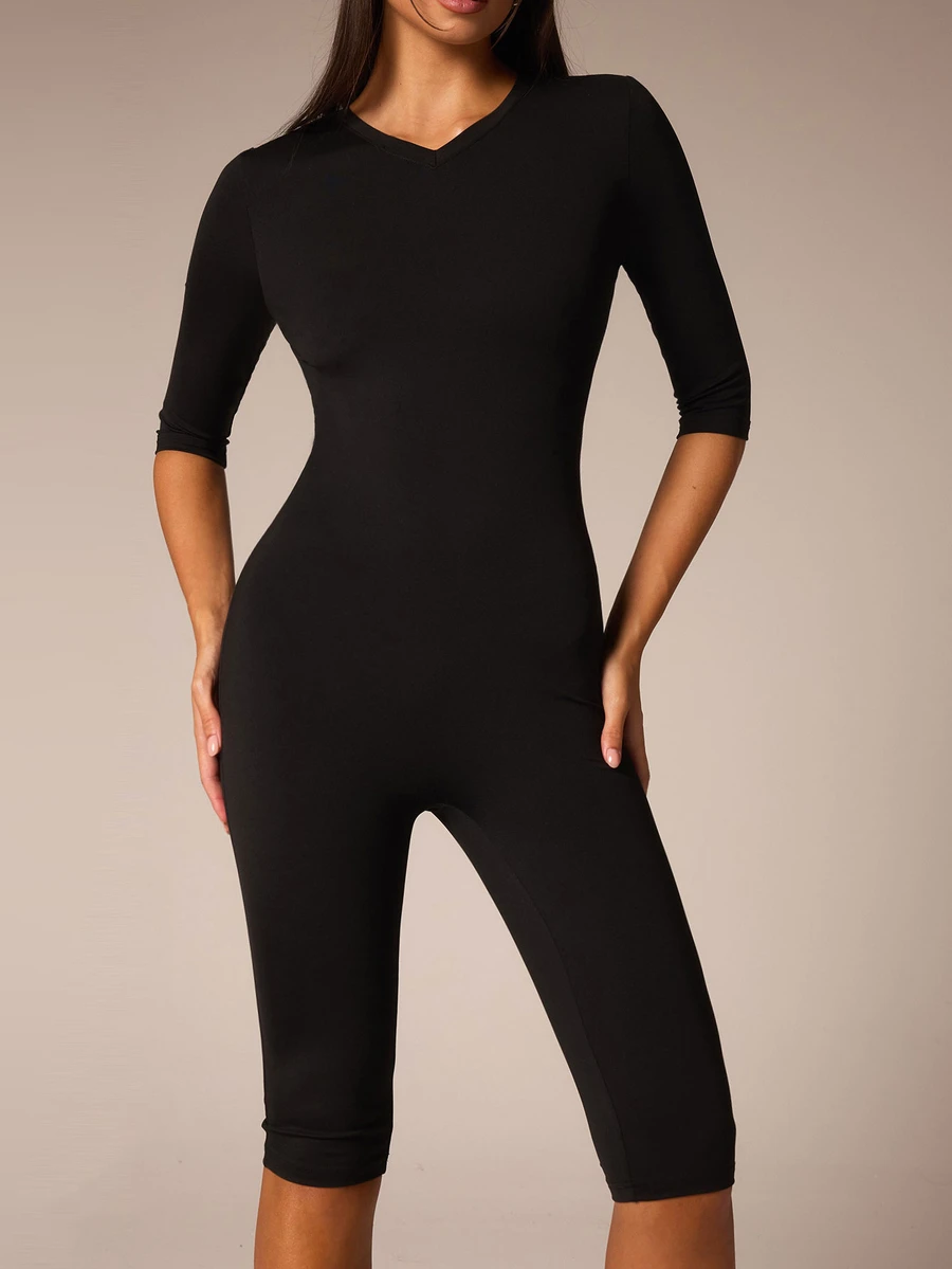 Athîral Women's Solid Color V-Neck 3/4 Sleeve Casual Jumpsuit - Black - View 1