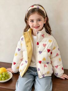 SHEIN Elladie kids 女童冬季甜美風白色立領愛心印花燈芯絨加厚棉襖外套，對比色內裡、鈕扣開合 - 彩色 - 查看 1