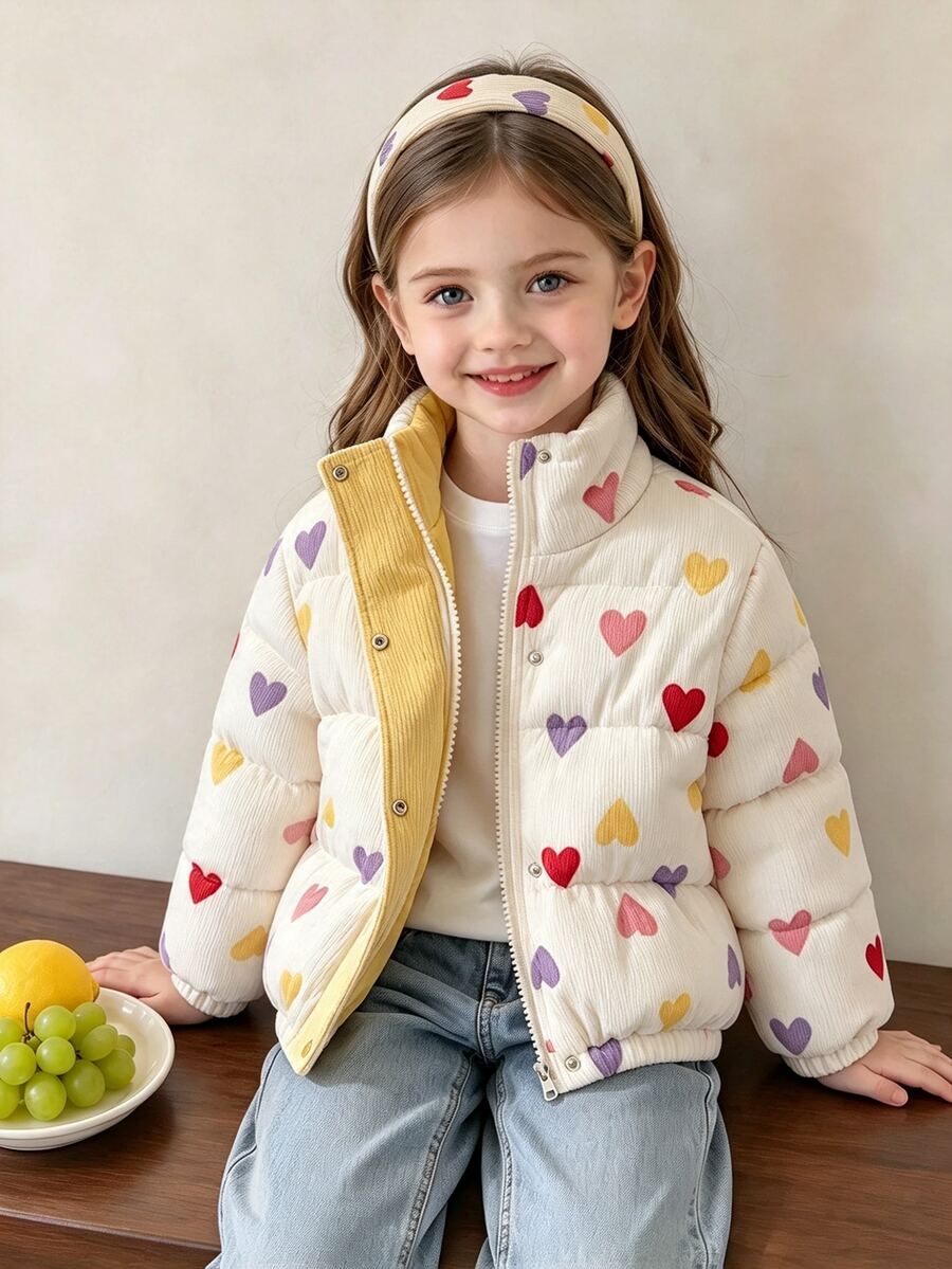 SHEIN Elladie kids 女童冬季甜美風白色立領愛心印花燈芯絨加厚棉襖外套,對比色內裡、鈕扣開合 - 彩色 - 查看 1
