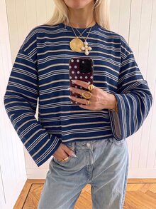 SHEIN EZwear 海外深藍條紋長袖襯衫，秋季上衣，適合日常通勤、聚會、秋冬春夏、聖誕節、新年、感恩節、派對、婚禮、海灘、畢業典禮、優雅、外出、約會、通勤、情人節、優雅、度假、Y2K、畢業典禮等場合 - 彩色 - 查看 4