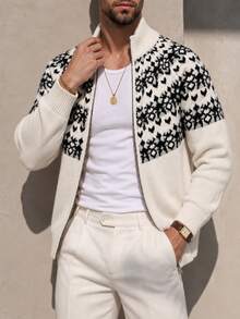 Manfinity Homme Men's Jacquard Zipper Long Sleeve Knit Cardigan - Multicolor - View 4
