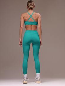 Musera Sport 女款交叉背上衣與緊身褲運動套裝 健身瑜伽皮拉提斯日常休閒 - 水鴨藍 - 查看 2
