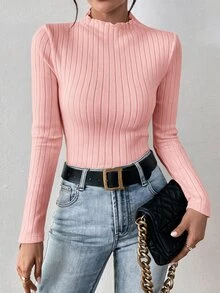 SHEIN Frenchy 休閒極簡風粉色 93% 棉羅紋女款修身長袖高領打底 T 恤，適合秋冬穿著 - 粉色 - 查看 4