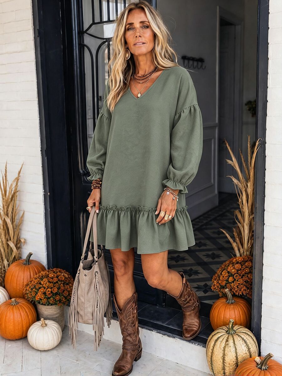 LanaWest Women's Solid Color Pleated V-Neck Casual Daily Summer Dress - Army Green - View 1