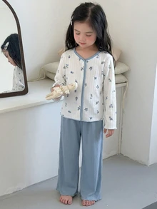 Dazy Kids Young Girl) Floral V-Neck Colorblock Top + Straight Leg Casual Pants 2 Pieces Loungewear Set - Blue - View 6