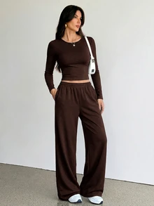 SHEIN Tall 女款秋季休閒長袖上衣與長褲兩件套 - 棕色 - 查看 3