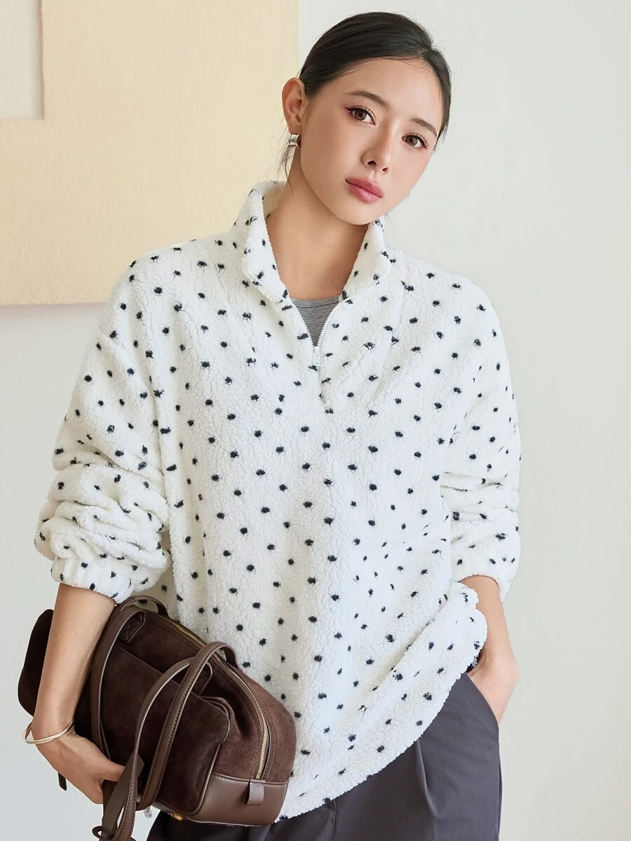 Dazy-Less Women's Half-Zip Long Sleeve Fleece Sweatshirt - Beige - View 1